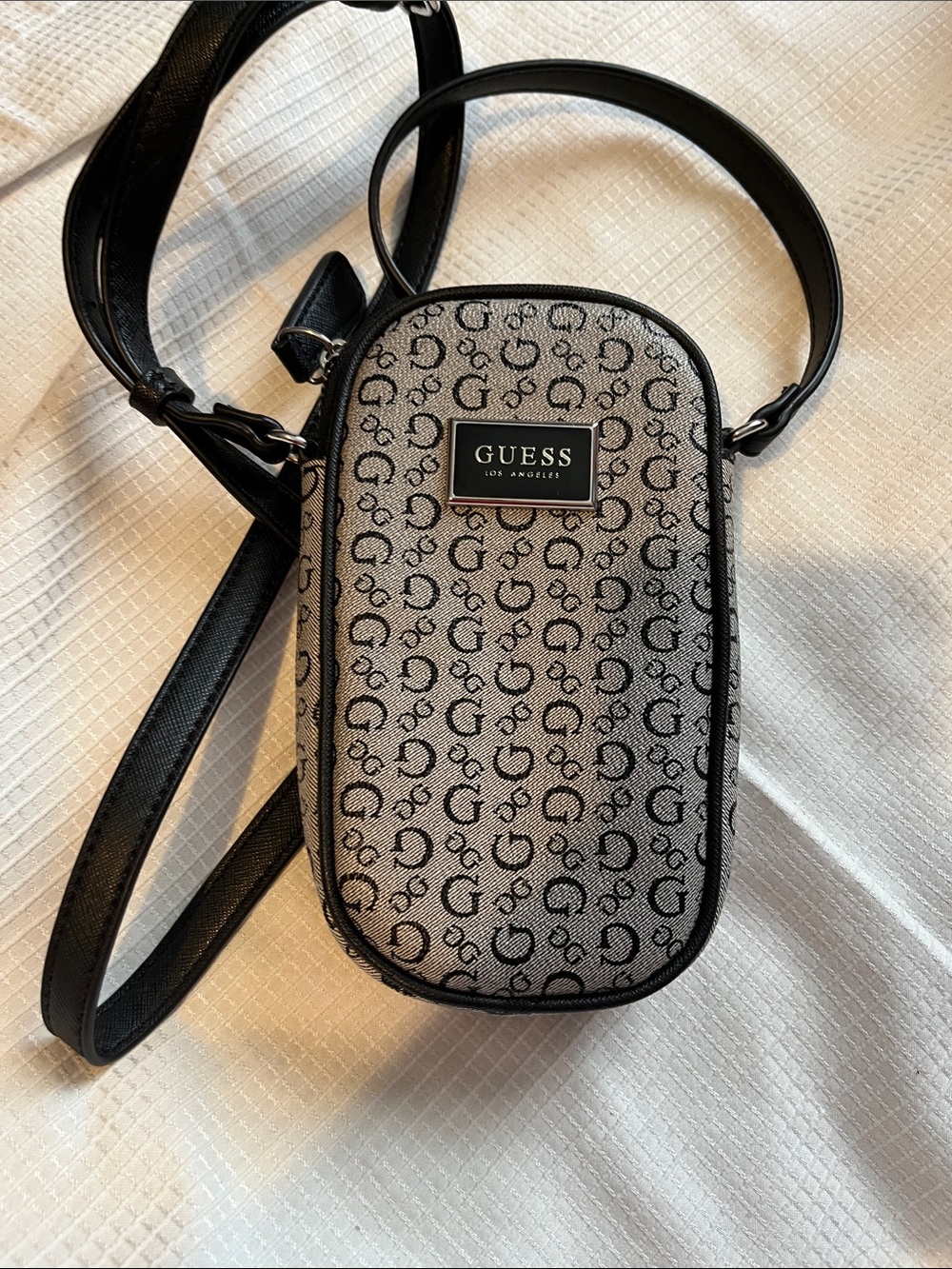 GUESS Gray and Black Monogram Crossbody Belt Bag
